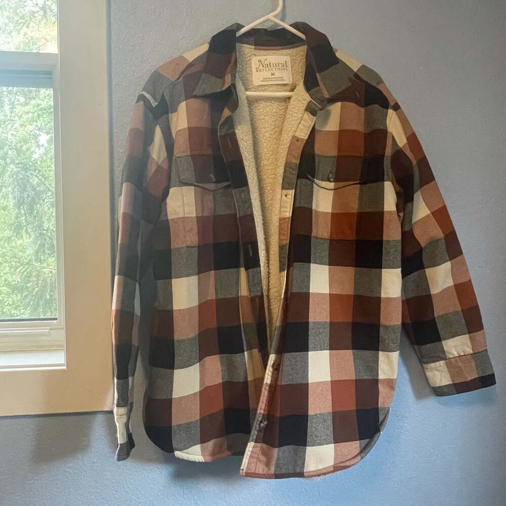 Natural Reflections M Medium 8-10 Earthtones Plaid Sherpa Lined Barn Shacket Fla